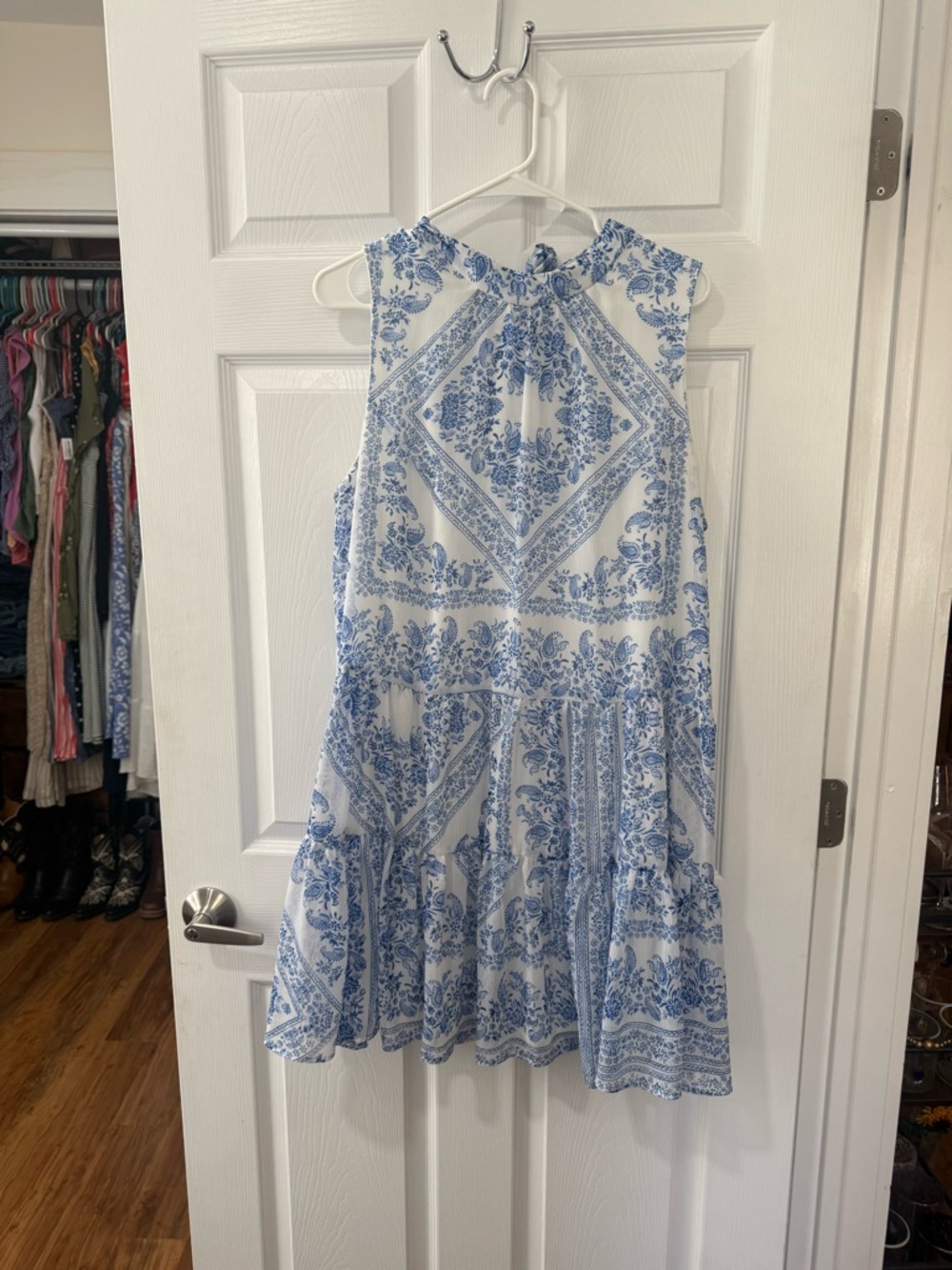 Calvin Klein White Mini Dress with Blue Floral Bandana Print